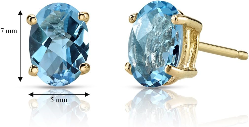 Peora 14K Yellow Gold Swiss Blue Topaz Earrings for Women, Genuine Gemstone Classic Solitaire Studs, 7x5mm Oval Shape, 2 Carats total, Friction Back, Blue Earrings, December Birthstone Earrings