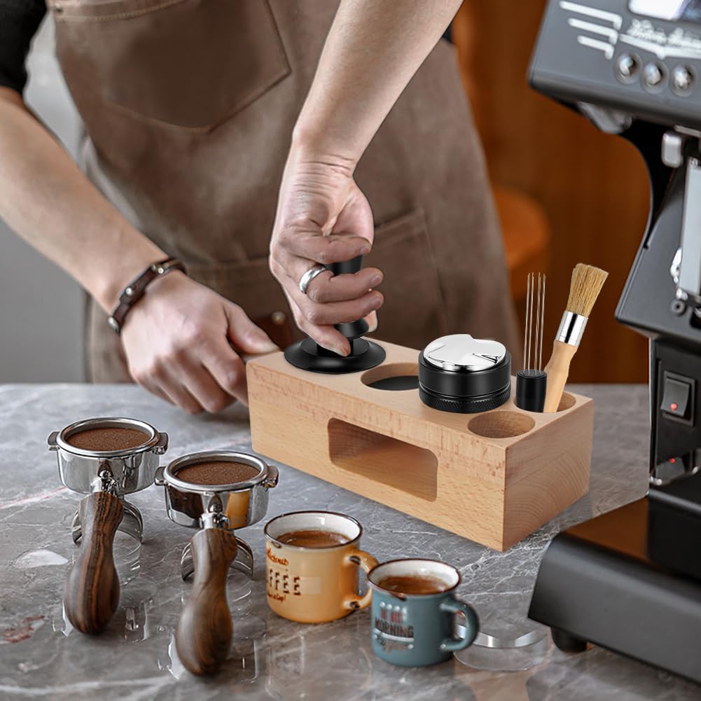 Y-Step 51mm Espresso Tamper Set con Tamper Estación, 5 en 1 Café Accesorios, con Distribuidor de Café Espresso, Agitador de Espresso, Estación de Apisonado, Cepillo de Limpieza de Café