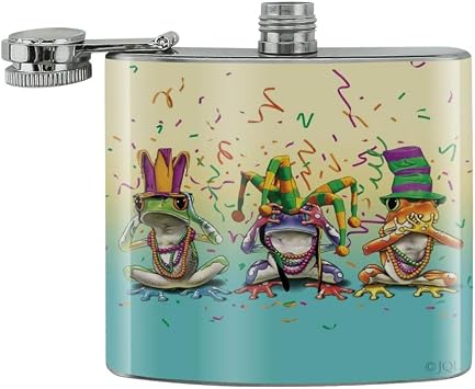 Party Frogs Mardi Gras See No Evil Hear Speak Stainless Steel 5oz Hip Drink