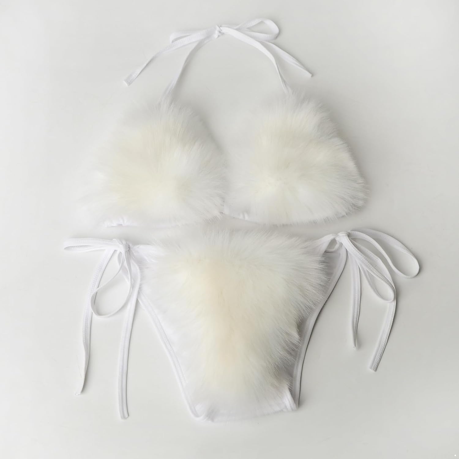 Mufeng Women's Detachable Faux Fur Bikini Fuzzy Plush Halter Bra Briefs Lace-up Clubwear Lingerie