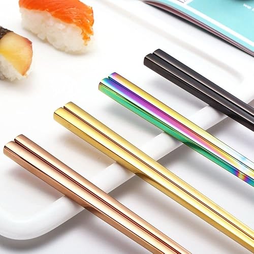 Miniatura 4 de 1 par de palillos, palillos de metal de acero inoxidable estilo chino, reutilizables, antideslizantes, duraderos, utensilios de cocina (multicolor)
