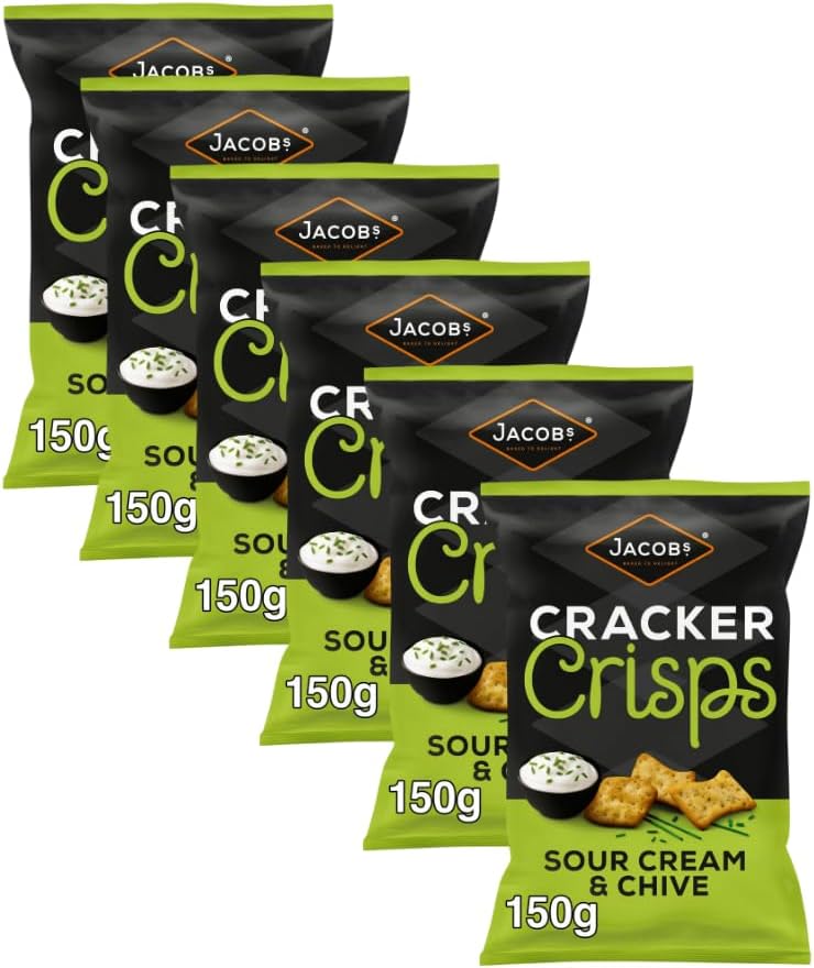 Biscuits & Crackers Bundle Pack with Jacob's Cracker Crisps Sour Cream & Chive Snacks Sharing Bag 150g - 6 Pack | Sour Cream & Chive Flavour Crisp Snack Biscuits.