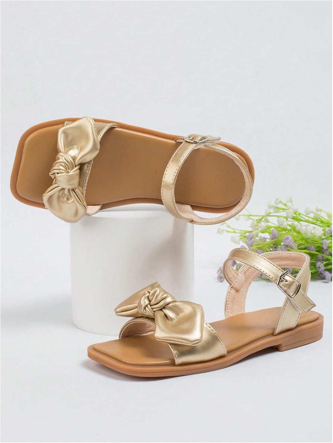 GORGLITTER Girl's Cute Bow Flat Sandals Merallic Open Toe Ankle Strap Slip on Slides Summer Vacation Shoes