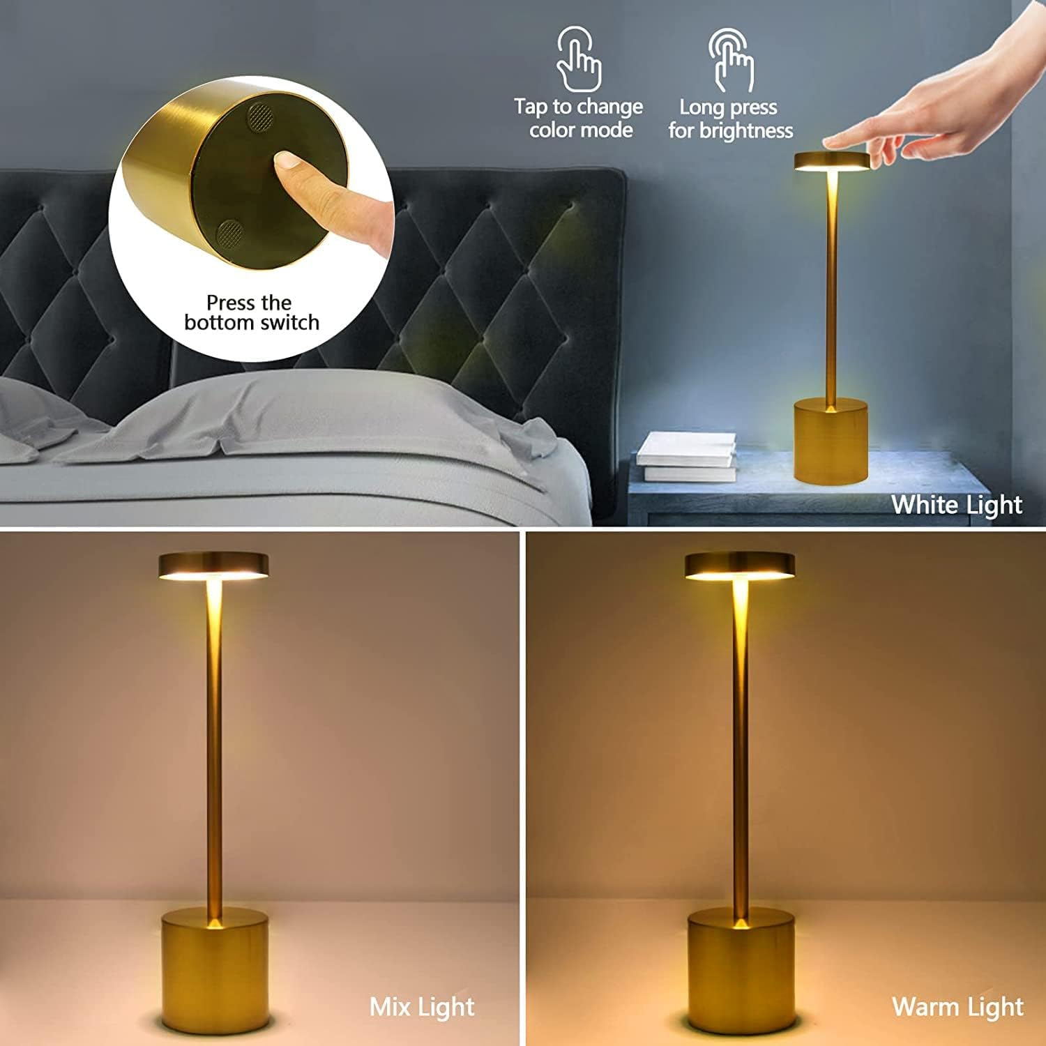 KINGCOO Bezprzewodowa metalowa lampa stołowa, przenośna dotykowa lampa biurkowa LED, ładowana przez USB, 3 kolory, bezstopniowe ściemnianie, lampka nocna, do restauracji, barów, ogrodu, sypialni,