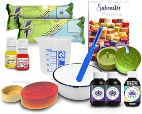 Kit Saboaria Promocional para Sabonetes Artesanais, com Bases Glicerinadas, Essências, Corantes, Moldes e Livro de Receitas