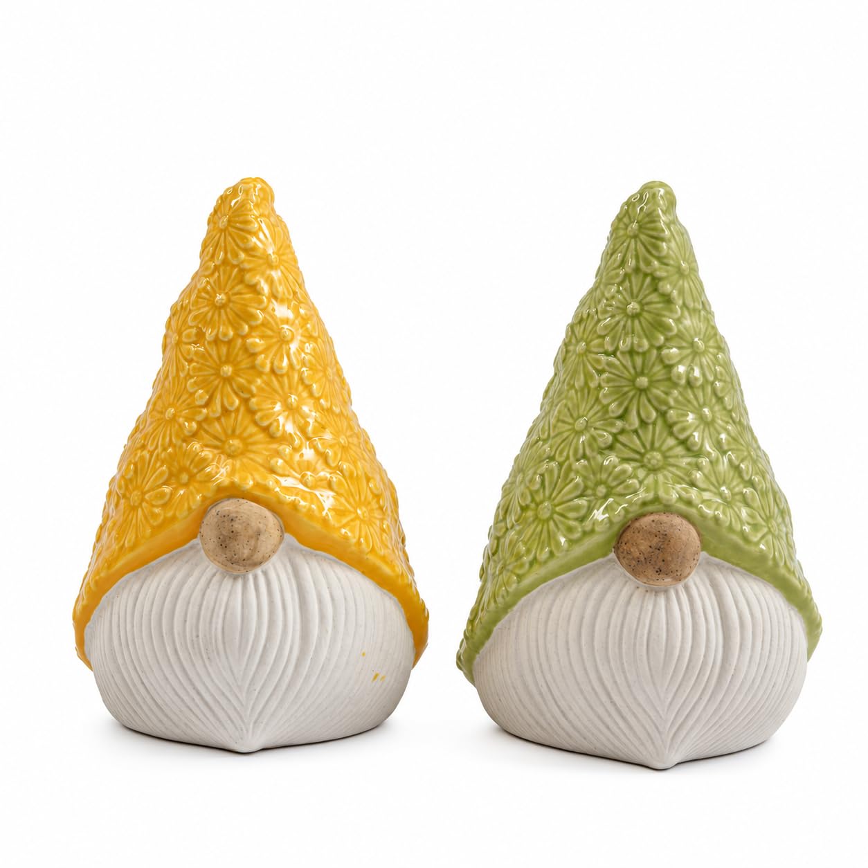 Pack of 2 Garden Gnome Ornament Set of Ceramic Decorative Gnome Statues with Floral Textured Hat, Scandinavian Faceless Dwarf Figurines for Home Shelf Living Room Garden Decor Yellow & Green