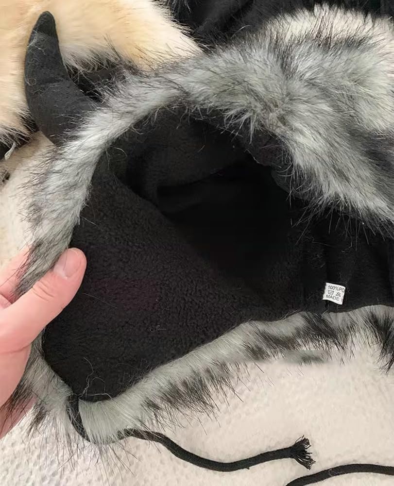 Unisex Plush Fluffy Faux Fur Skull Cap with Cow Horn Decor Warm Winter Cosplay Party Beanie Hat Bull Earflaps Cap