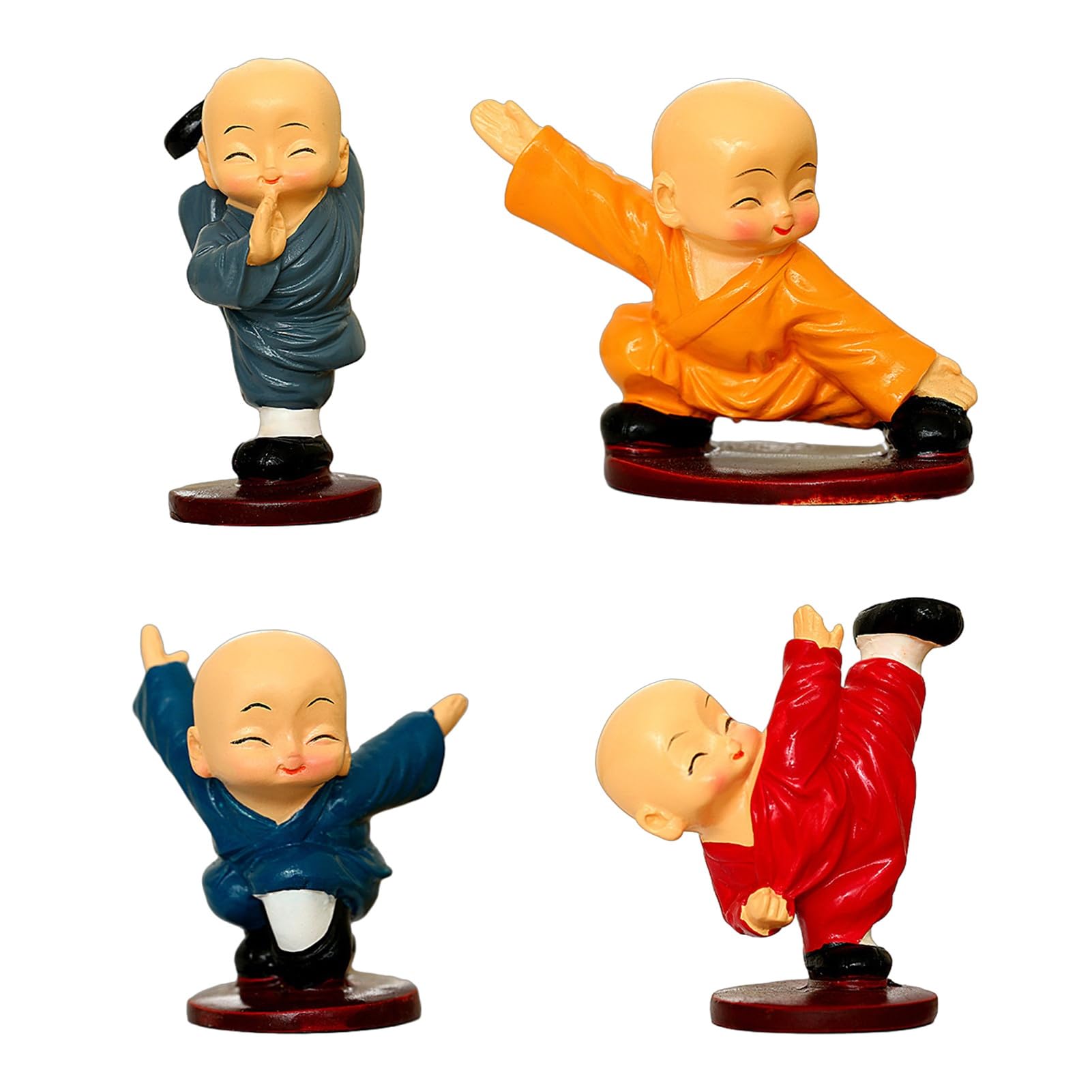 Glifora 4 Pcs Baby Buddha Statue - Small Buddha Monk Figurine, Little Kungfu Monk Sculpture for Home Office, Desk and Car Dashboard Decor