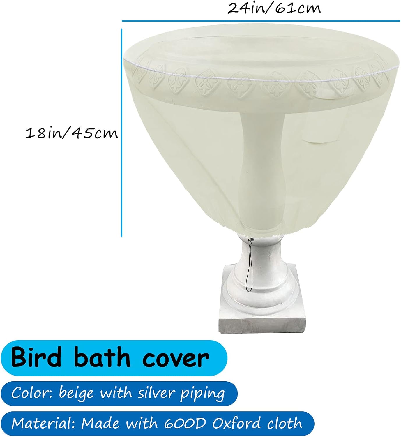 SOKINGCOVER Bird Bath Cover 24" Dx18 H, Cream White with Silver Trim, 600D Heavy Duty Waterproof Oxford — Outdoor Garden Fountain Cover, Winter Freeze & UV Protection, Drawstring Vent Design