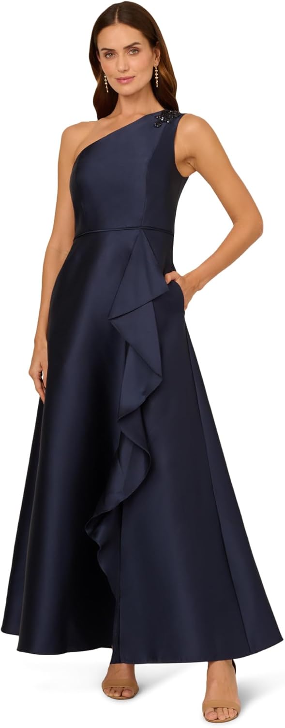 Adrianna Papell Womens One Shoulder Mikado Gown