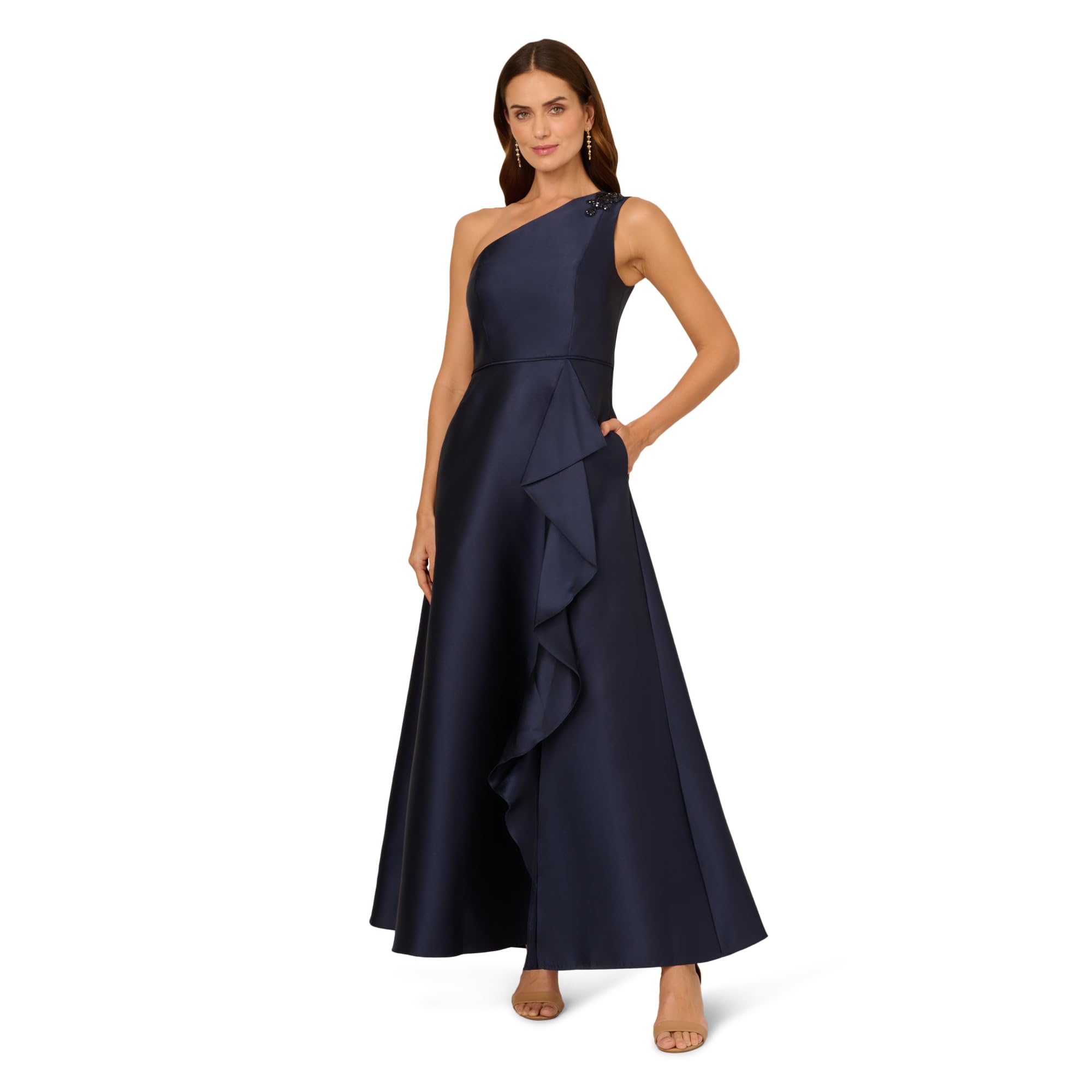 Adrianna Papell Women's Midnight One Shoulder Mikado Gown Special Occasion Dress, 8