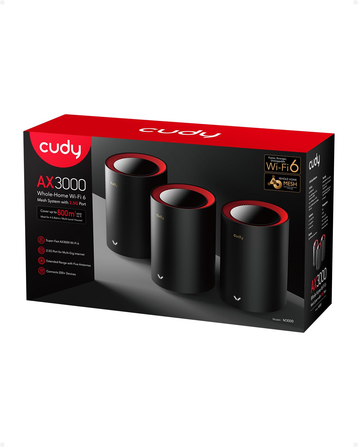 CUDY AX3000 2,5G Sistema di mesh Wi-Fi 6 Wi-Fi 6, 2,5 g WAN, Backhaul Ethernet, Ideale per 1Gig+ Internet, Wireguard, OpenVPN, Zerotier, CloudFlare, DDNS, 2023 Rilascio M3000 3-Pack