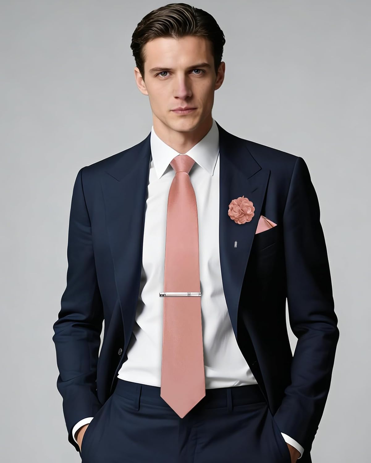 DiBanGu Men's Pre-tied Adjustable Zipper Skinny Satin Tie Set Formal Necktie with Pocket Square for Business Wedding