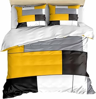 California King Duvet Cover with 2 Pillowcases, Yellow Grey Bedding Set California King with Zipper Closure, Modern Yellow Geometric Microfiber 3 Pieces Duvet Cover Sets for Kids & Adults