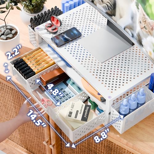 Simple Trending 2 Tier Metal Monitor Stand Monitor riser and Computer Desk Organizer with Drawer and Pen Holder for Laptop, Computer, iMac, White