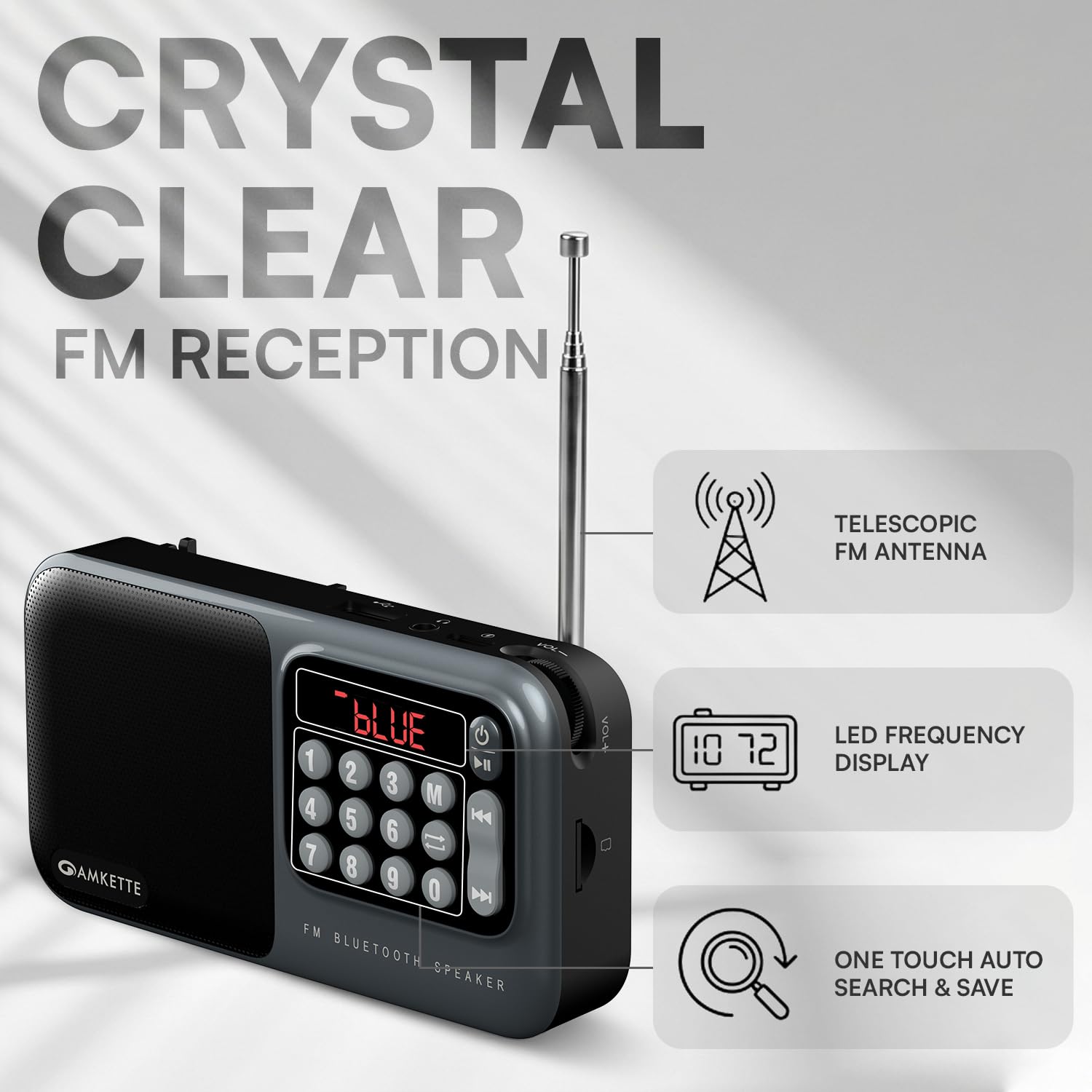 Amkette Pocket Mate Digital FM Radio with Bluetooth Speaker - Type C Charging, Antenna, Multiple Playback 8 Hours Playtime, and Number Pad (Headphone Jack, SD Card, USB Input) (Grey) 1