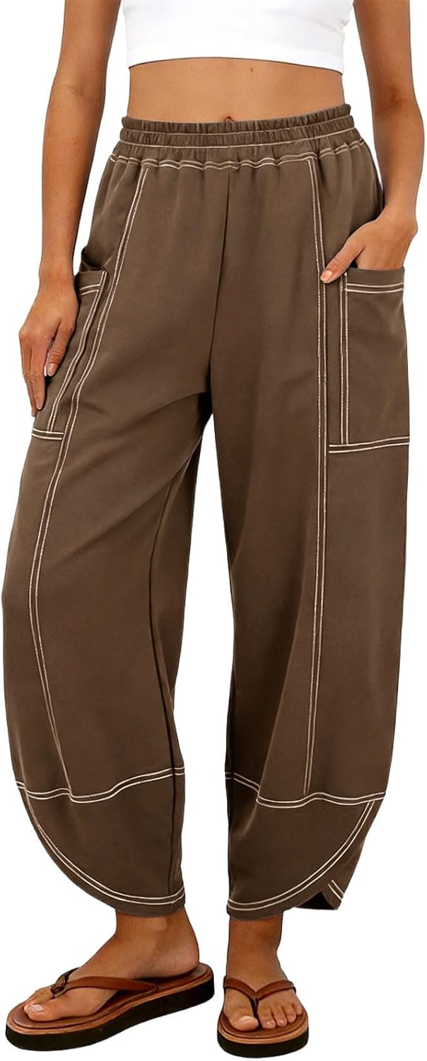 Women Linen Palazzo Pants Cotton Wide Leg Elastic Waisted Casual Capri Pant Summer Harem Lounge Trouser with Pockets