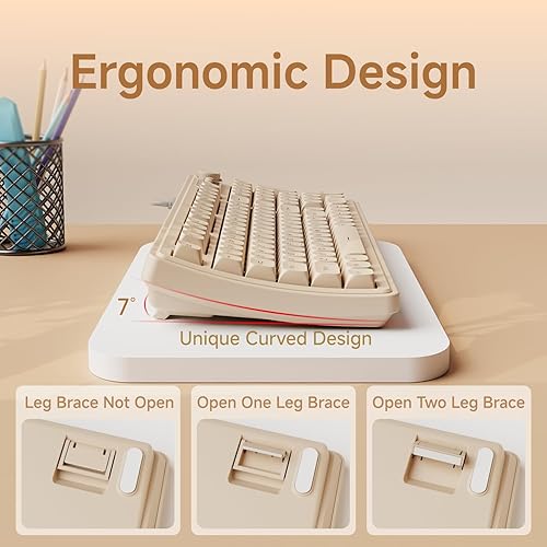 Miniatura 6 de EWEADN V97 - Lindo teclado cremoso, teclado de computadora con cable con retroiluminación RGB, perilla multimedia, cuerpo curvo, teclado silencioso