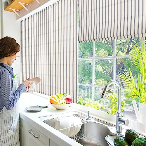 Sunbox Cordless Roman Shades Window Blinds, Vertical Stripe Custom Blackout Fabric Roman Shades For Windows，French Door, Kitchen, Mystic Grey Stripe #TOP1