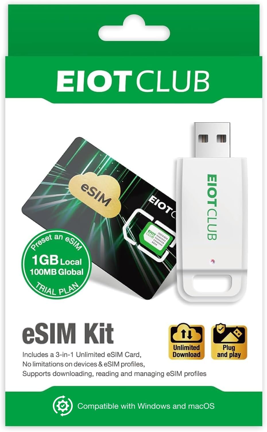 EIOTCLUB eSIM Card & Reader Bundle, Global Travel in USA/Europe/China/Japan