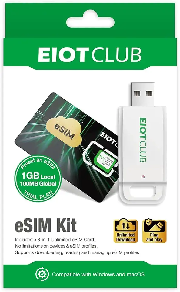EIOTCLUB Pacote de cartão e leitor eSIM, viagens globais nos EUA/Europa/China/Japão | Adaptador físico eSIM para Android/iPhone/roteador desbloqueado, downloads ilimitados, suporte para Windows e macOS