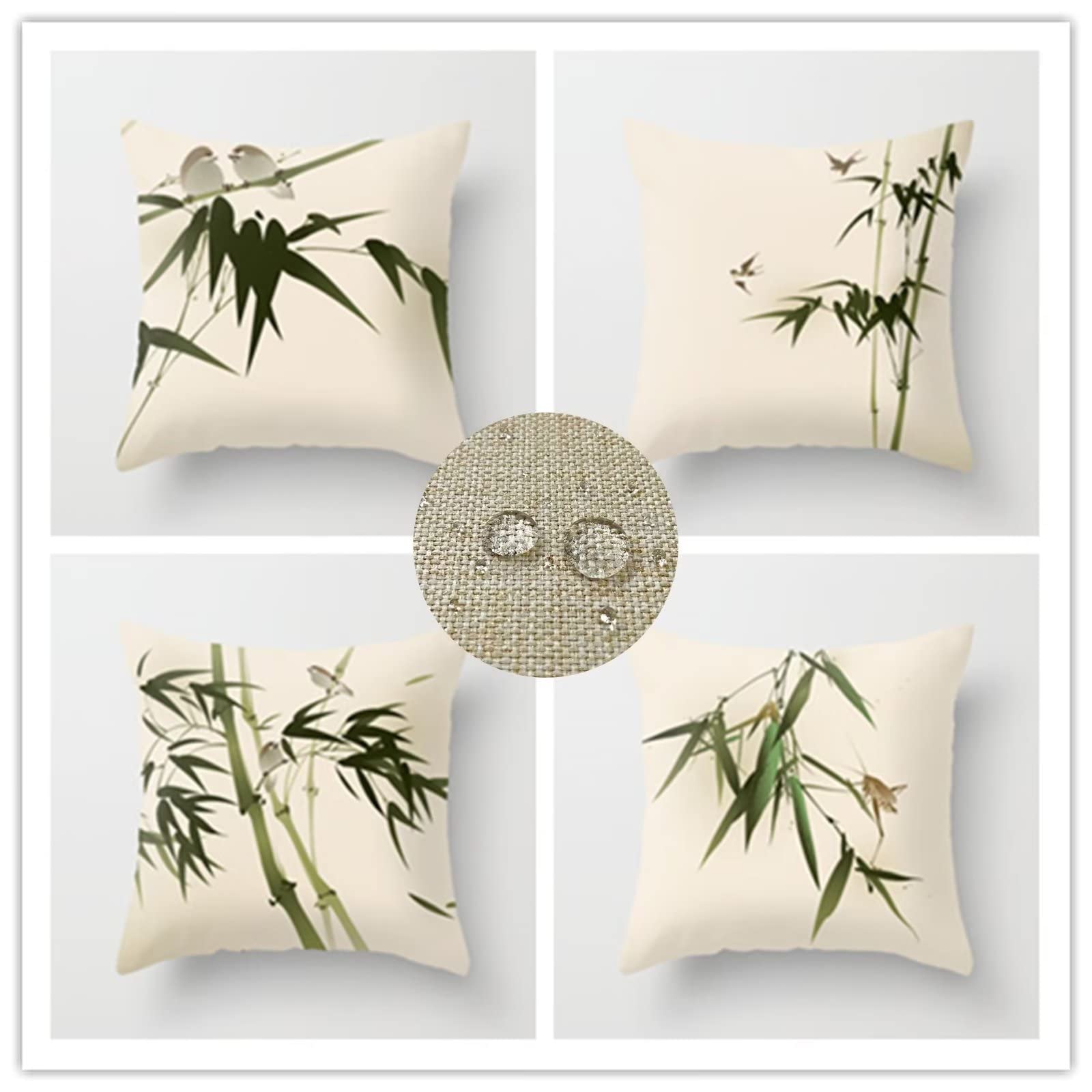 Federe Cuscini Divano 55x55 Set di 4 Cuscini per Divano impermeabile Lino Esterno Cuscini Decorativi Bambù Motivo Cuscini Divano Soggiorno da Letto Estate giardino esterno Copricuscino (Verde) JW-2215