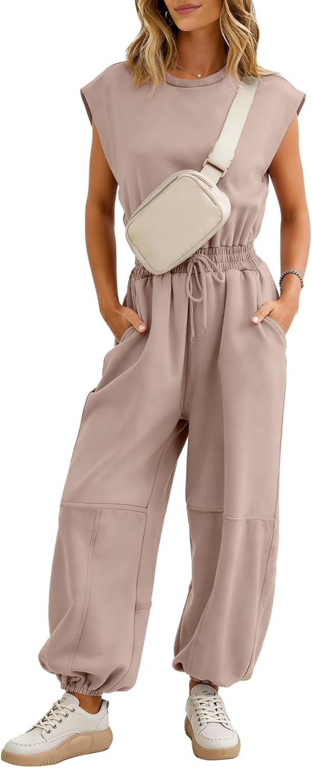 Flygo Womens Casual Jumpsuit Crewneck Cap Sleeve Long Wide Leg Pants One Piece Outfits Drawstring Romper with Pockets