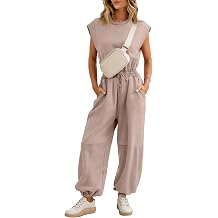 Flygo Womens Casual Jumpsuit Crewneck Cap Sleeve Long Wide Leg Pants One Piece Outfits Drawstring Romper with Pockets