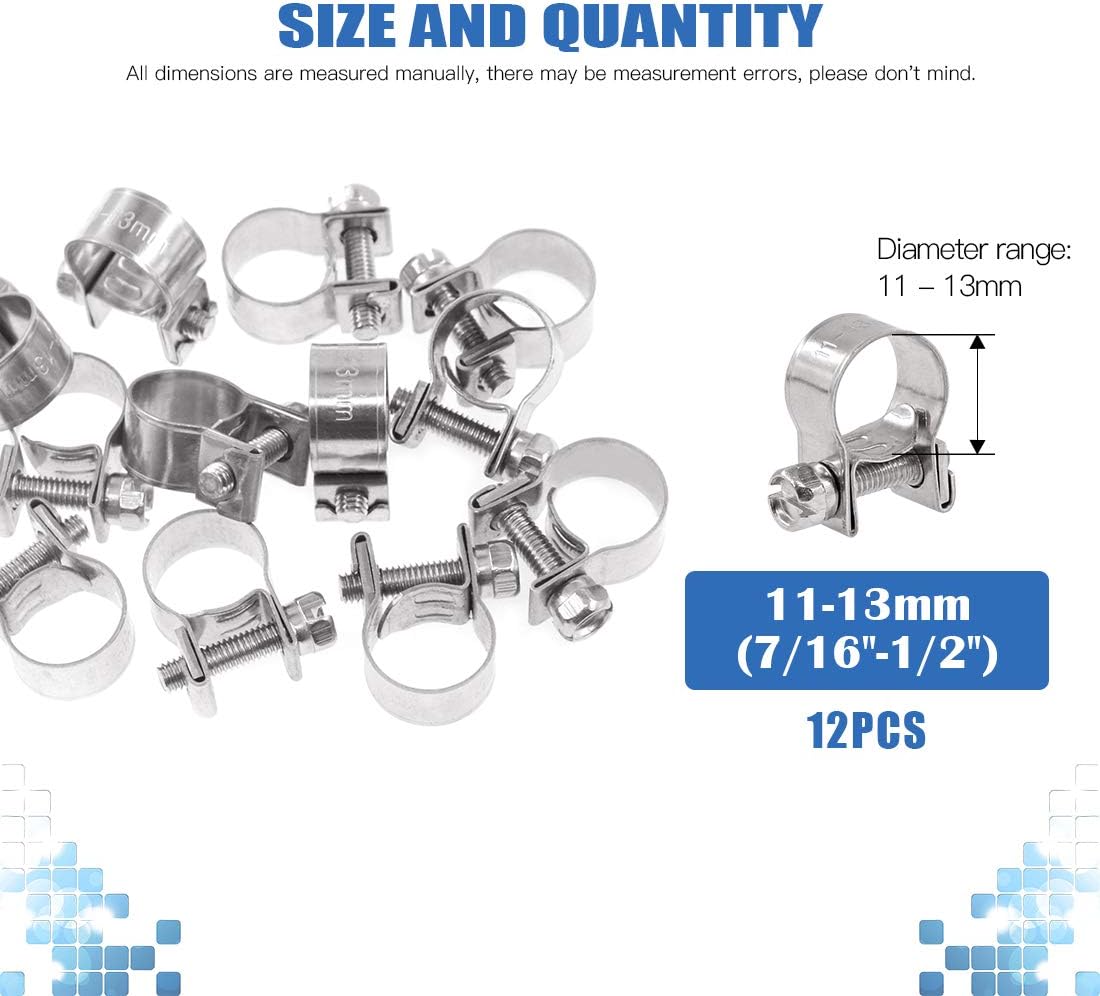 Glarks 12Pack 11-13mm Stainless Steel Mini Fuel Injection Hose Clamps Adjustable Pipe Hose Clip Tube Clamps Set (7/16''-1/2'' Dia)