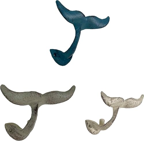 Zeckos Set of 3 Whale Tail Wall Hooks, 5 Inch Multicolor Cast Iron