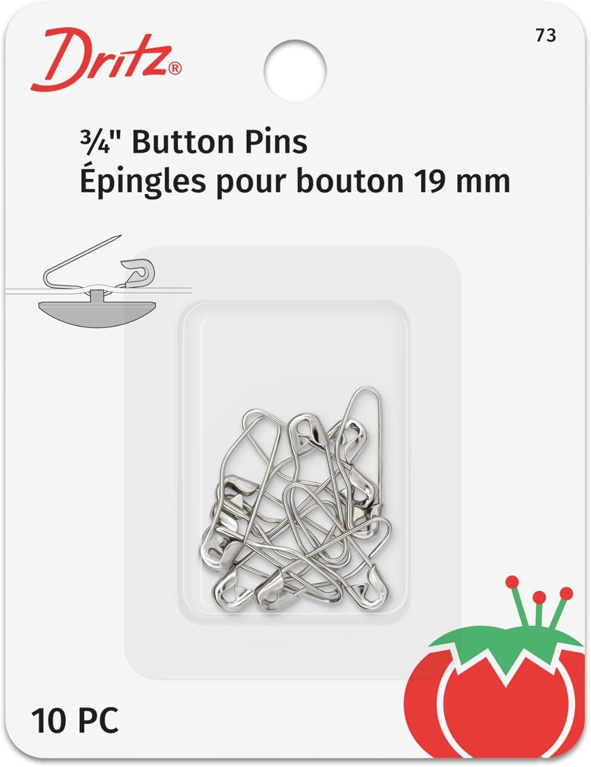 Dritz 73 Button Pins Size 00 Nickel-Plated Brass 10-Pack for Delicate Shank Buttons - Removable & Interchangeable
