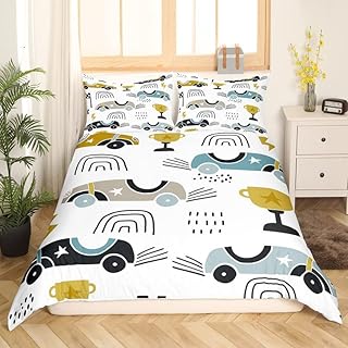 Feelyou Cartoon Car Bedding Duvet Cover Set Kids Cute Trucks Pattern Bedding Set Boys Girls Decor Rainbow Comforter Cover Set Microfiber Vehicles White Bedspread Cover Twin Size Bedclothes Zipper