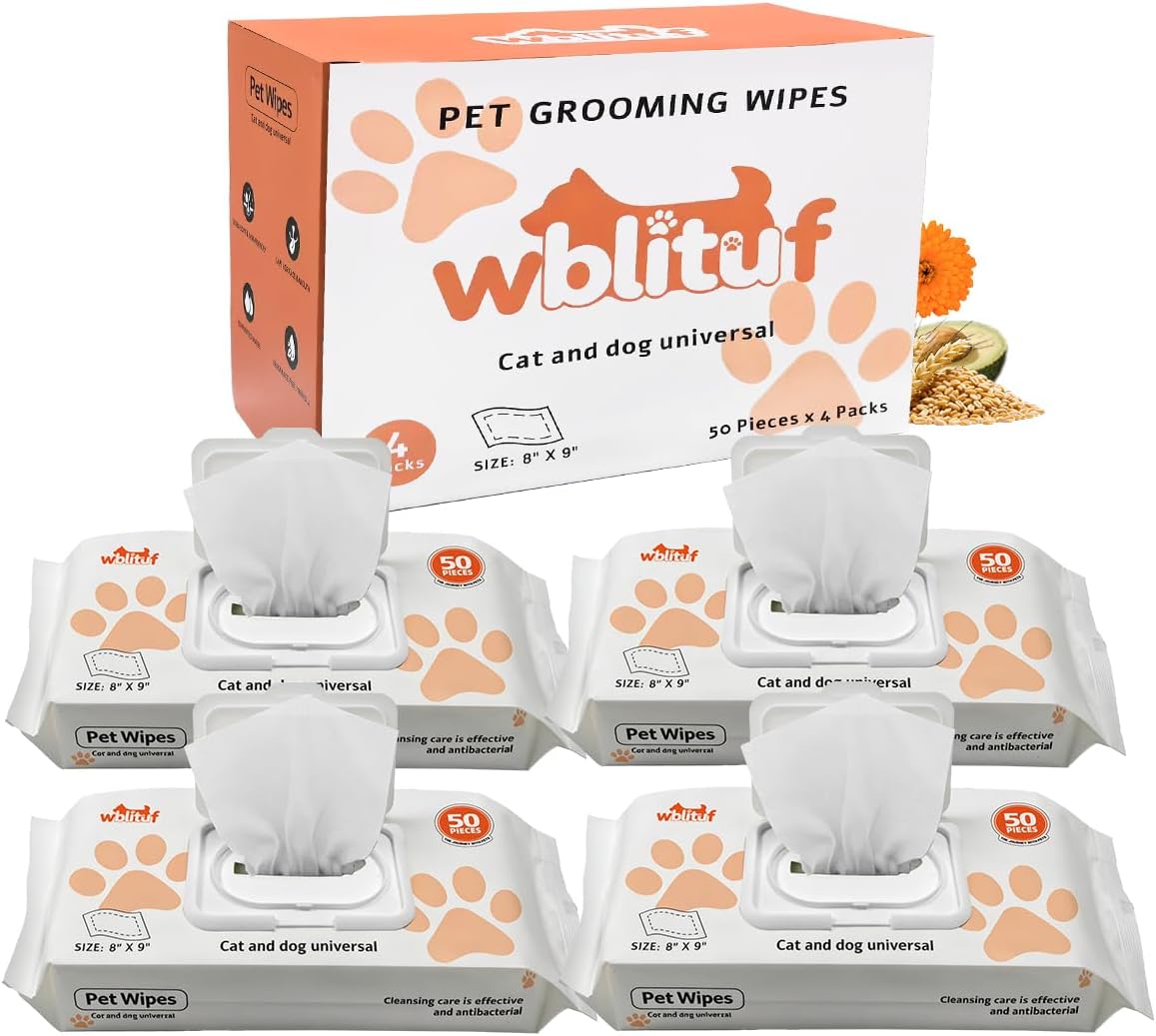 Toallitas de aseo para mascotas, tamaño Jumbo 8" x 9", toallitas desodorizantes sin alcohol, aptas para lamer para perros y gatos con piel sensible (sin perfume, 200 toallitas de aseo)