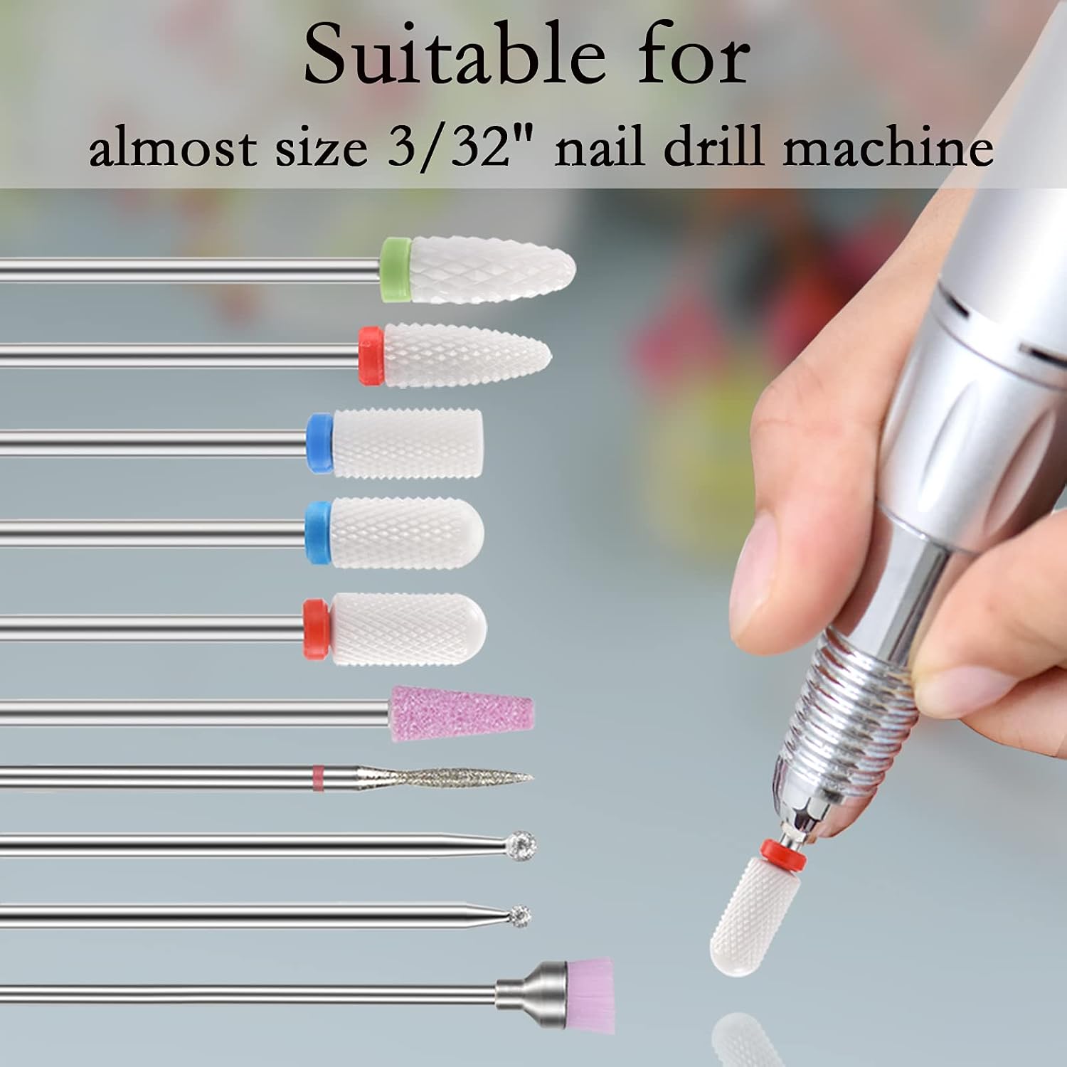 NIACONN 10pcs Nail Drill Bits for Acrylic Nails - 3/32 Ceramic Nail Drill Bit Set Professional Efile Bits for Nails Cuticle Remover Manicure Pedicure