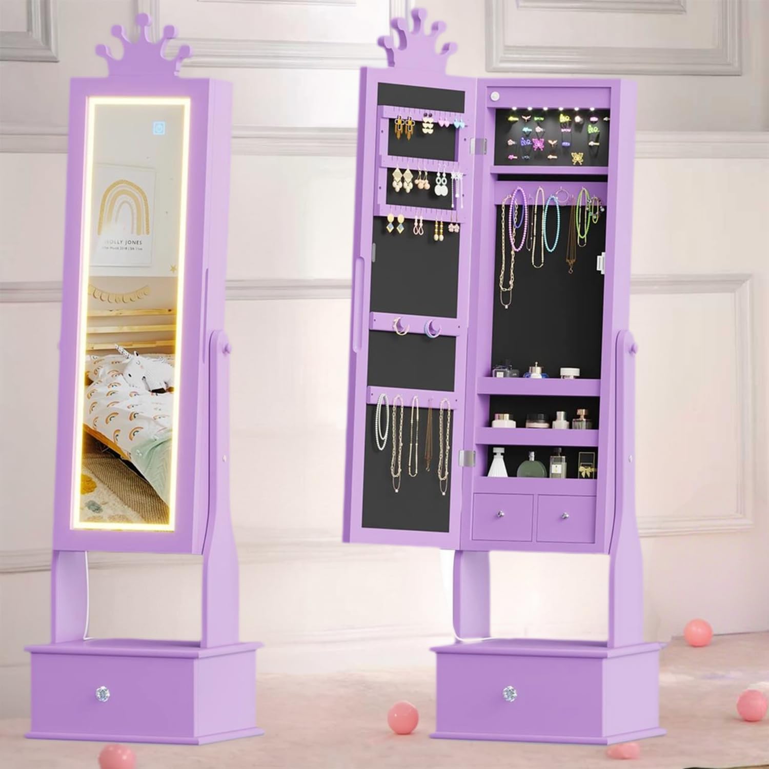Kids Jewelry Armoire Cabinet with Full-Length Mirror, 46" Jewelry Armoire with Led Light, Kids Jewelry Organizer with 3 Storage Drawers, Kids Vanity Dress Up Mirror Jewelry Cabinet for Girls(Purple)