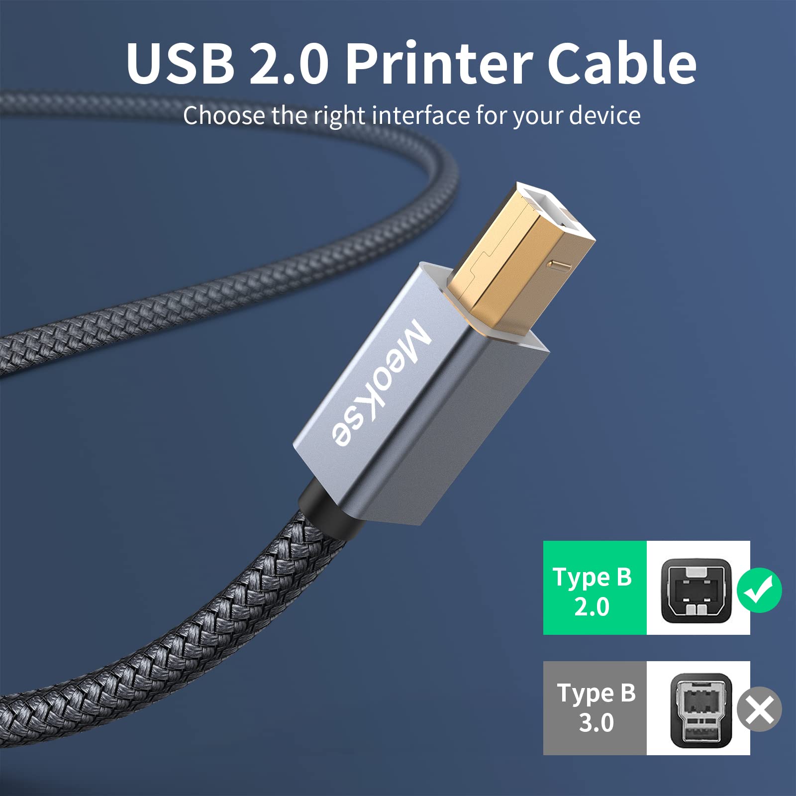 Meokse Cavo per stampante USB 2.0 da tipo A maschio a B maschio, ad alta velocità, compatibile con HP, Canon, Dell, Epson, Lexmark, Xerox, Samsung e altri