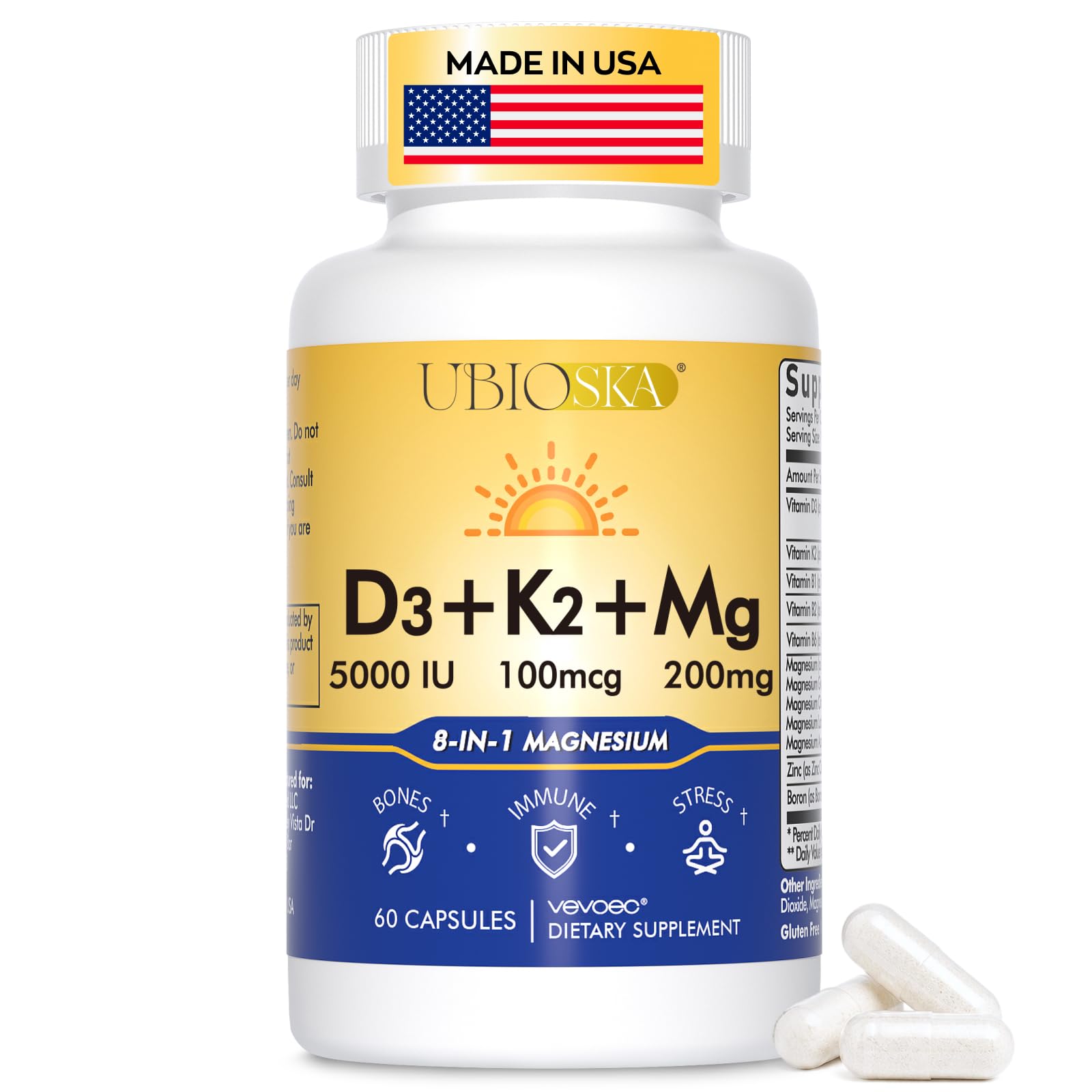Vitamin D3 K2 5000 IU 200mg 8-in-1 Magnesium Zinc B6 Complex 60 Count