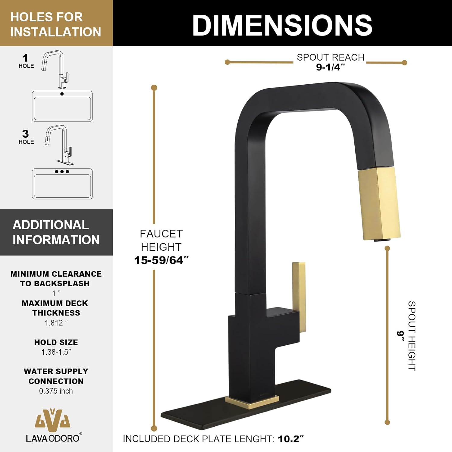 Kitchen Faucet with Pull Down Sprayer, Lava Odoro Black and Gold Kitchen Sink Faucet, Matte Black and Brushed Gold Faucet for Kitchen Sink with Magnetic Docking Spray Head and Deck Plate, KF182-GB