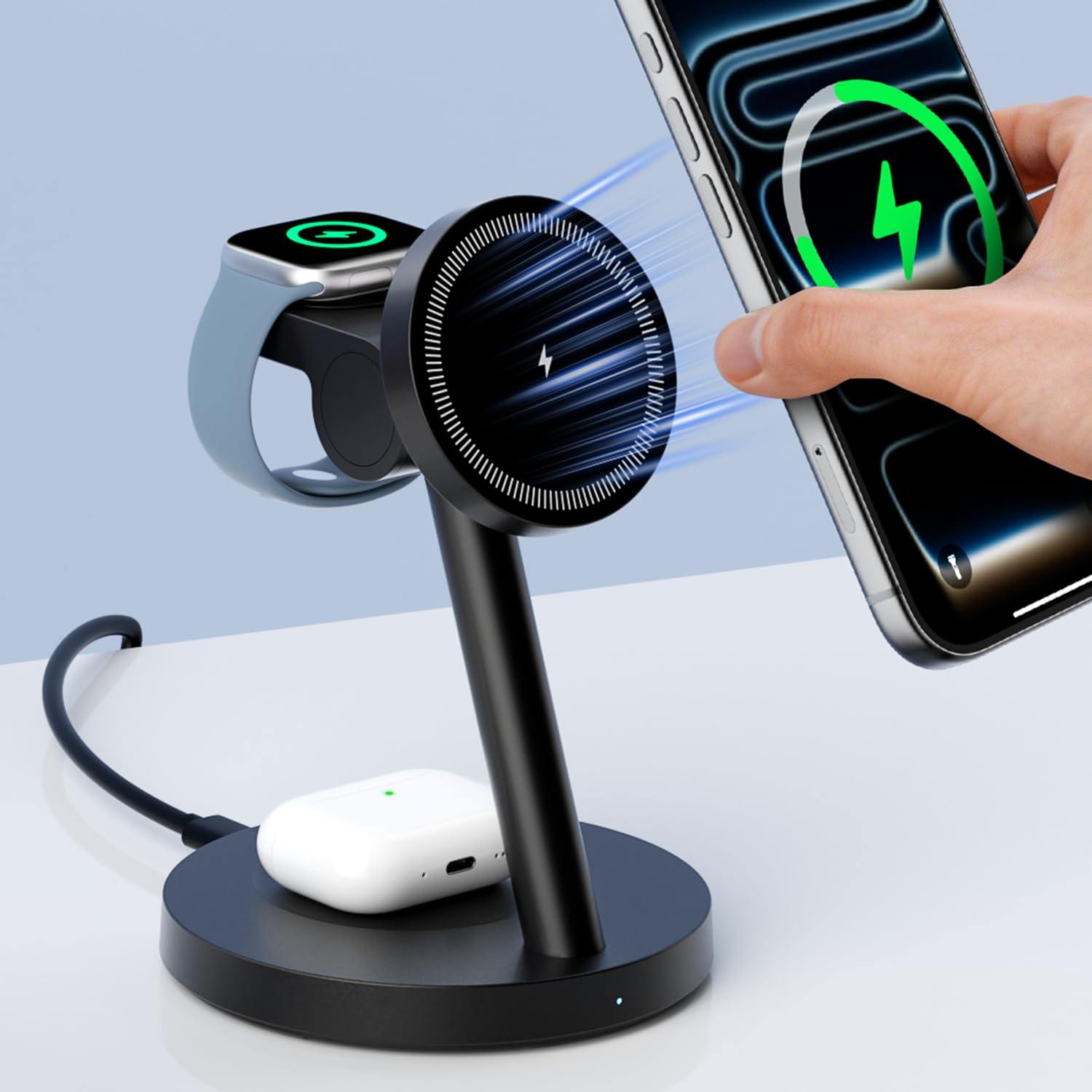 KPON Magsafe Ladestation für Apple Watch und iPhone, 3 IN 1 iPhone Handy Ladestation Magsafe Ladegerät Apple Charging Station für iPhone 17~12 Serie, Apple Watch 11~2, AirPods