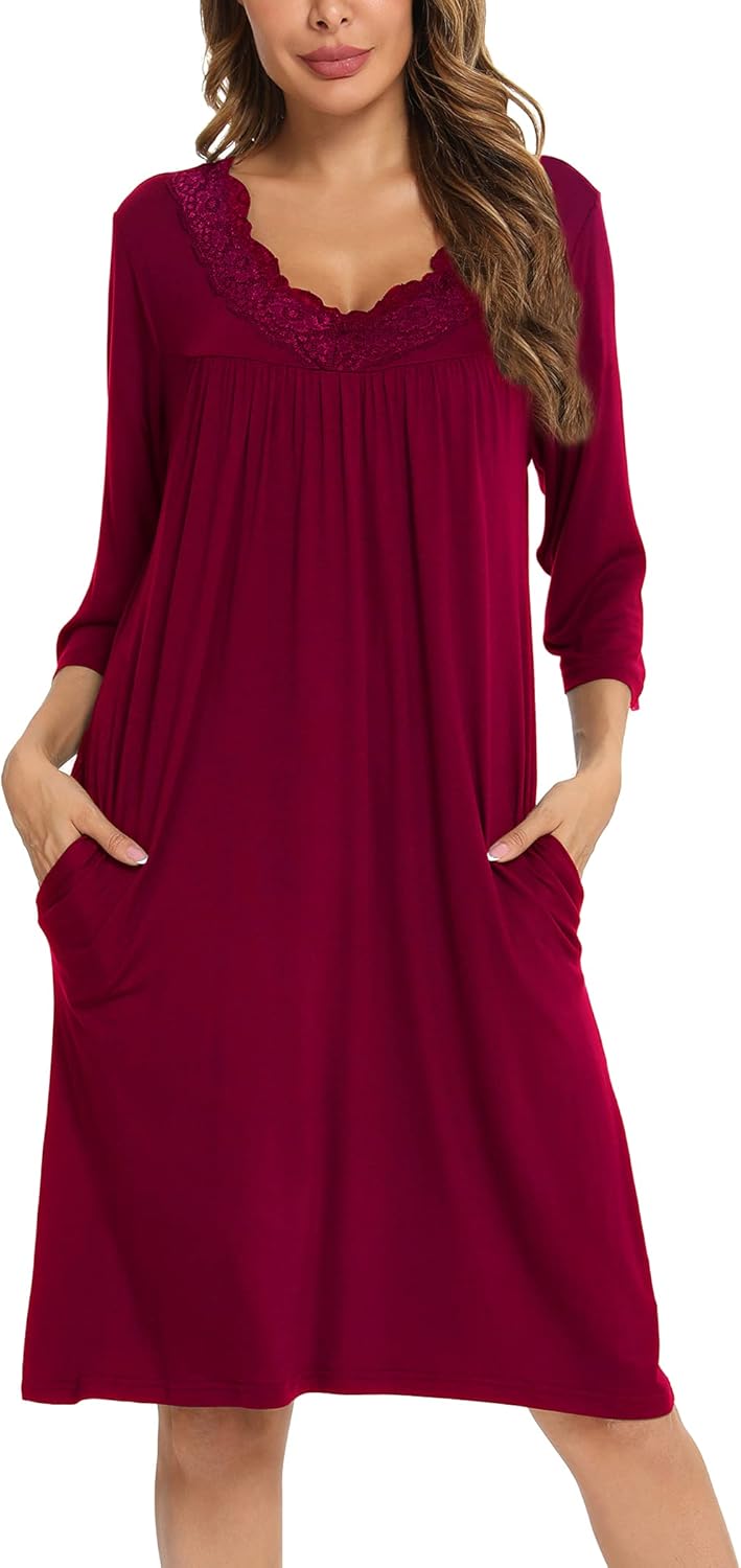 YYA Women's Soft Lightweight Nightgowns V Neck Nightwear 3/4 Sleeve Sleepwear with Pockets Dark Red - Image 3
