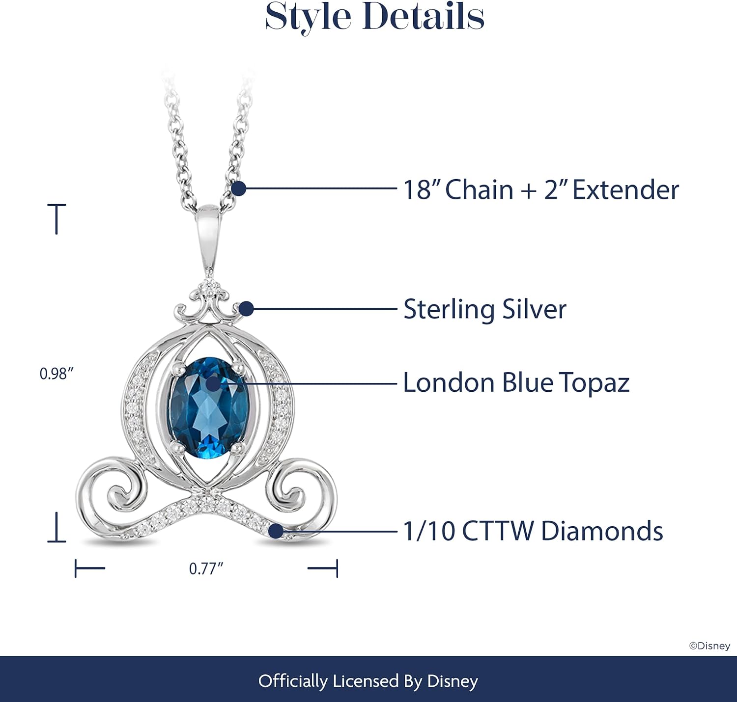 Jewelili Enchanted Disney Fine Jewelry Cinderella Carriage Pendant Necklace for Women | Sterling Silver | London Blue Topaz & 1/10 CTTW Diamonds | 18" Cable Chain | Princess Jewelry Gifts for Her