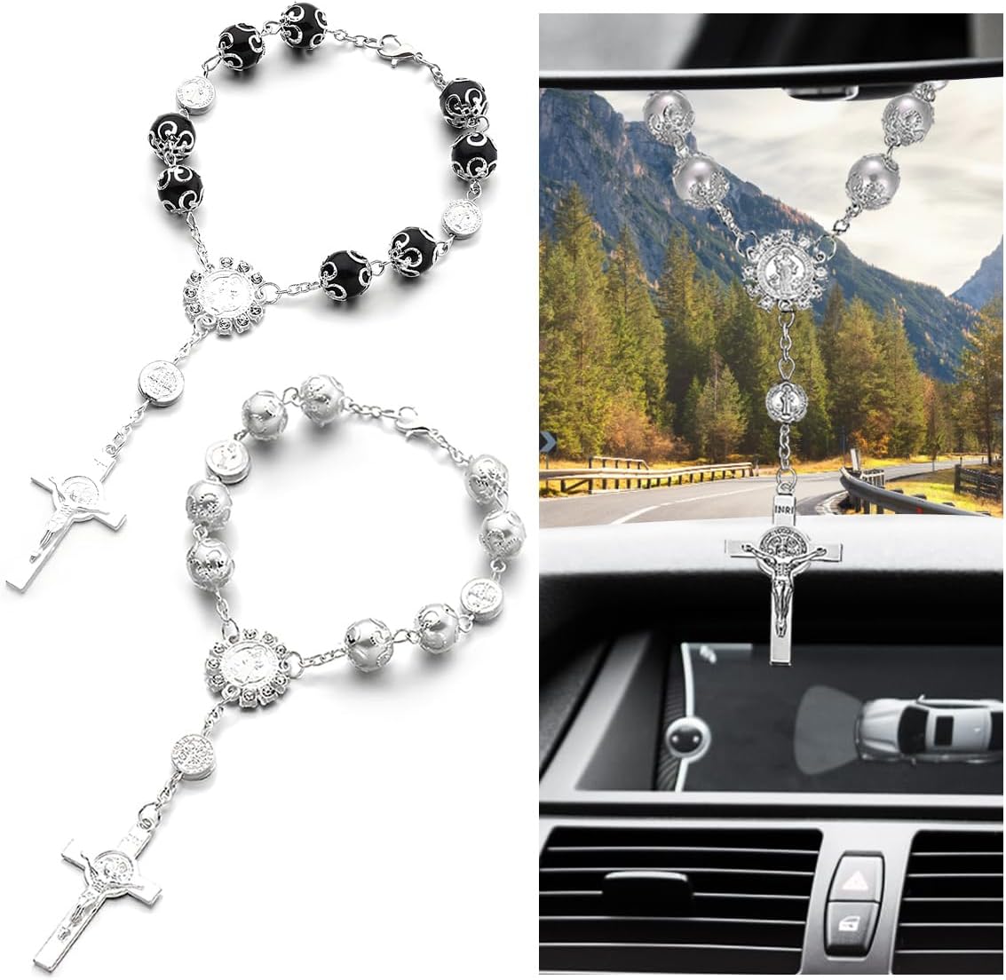 povtiipovtii Car Rosary for Rearview Mirror, Catholic Beads Auto Rear View Hanging Decoration, Personalized Rear View Mirror Blessing Rosary Pendant, Car Accessories (2 PCS, Black+Silver)
