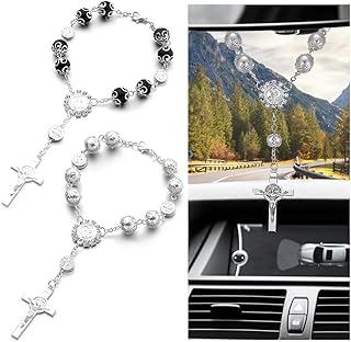Car Rosary for Rearview Mirror, Catholic Beads Auto Rear View Hanging Decoration, Personalized Rear View Mirror Blessing Rosary Pendant, Car Accessories (2 PCS, Black+Silver)