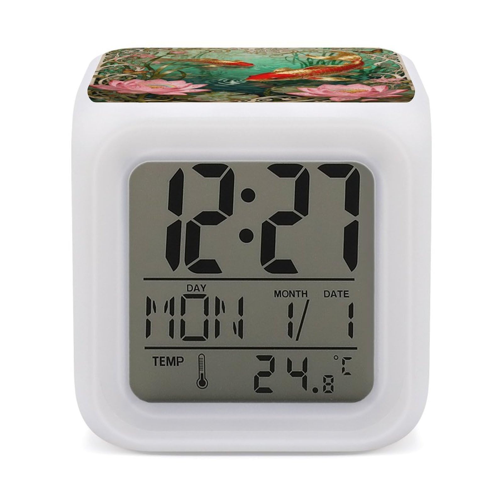 DWVTSLH Koi Lotus Pool Alarm Clock with 7 Color Changing Night Light, Wake Up Digital Clock for Bedroom, Bedside Cube Clock with Date, Temperature, Battery Operated Desk Clock Gift