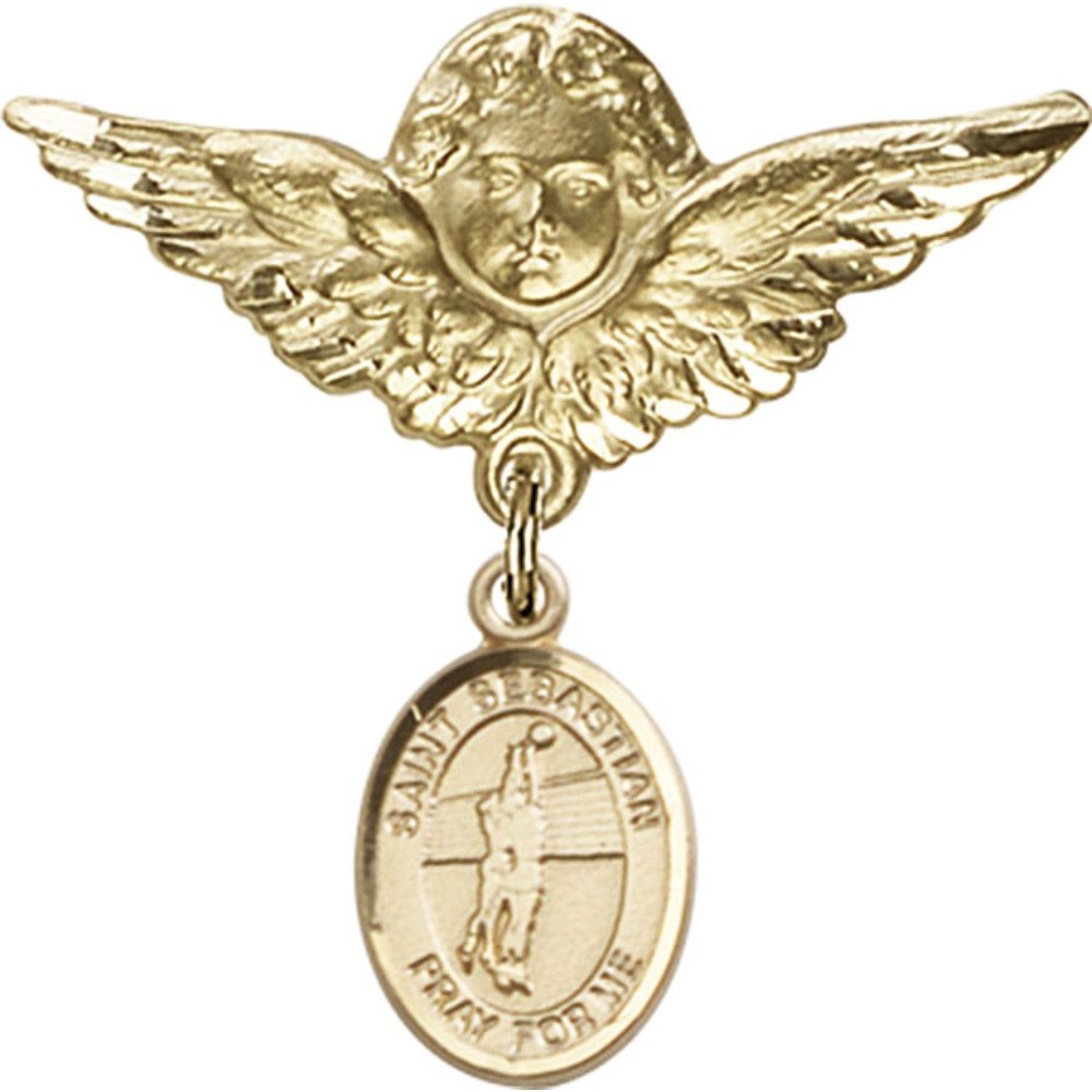 Gold Filled Baby Badge with St. Sebastian/Volleyball Charm and Angel w/Wings Badge Pin 1 1/8 X 1 1/8 inches