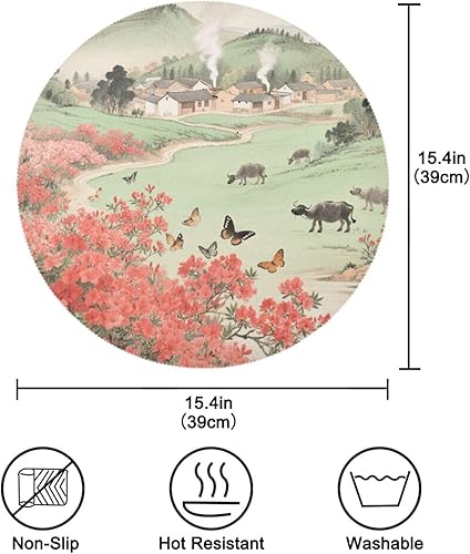 Miniatura 4 de Chinese Style Green Field Red Flower Round Outdoor placemats Dinner Reusable placemat manteles redondos para mesa 15.4x15.4in Set of 6