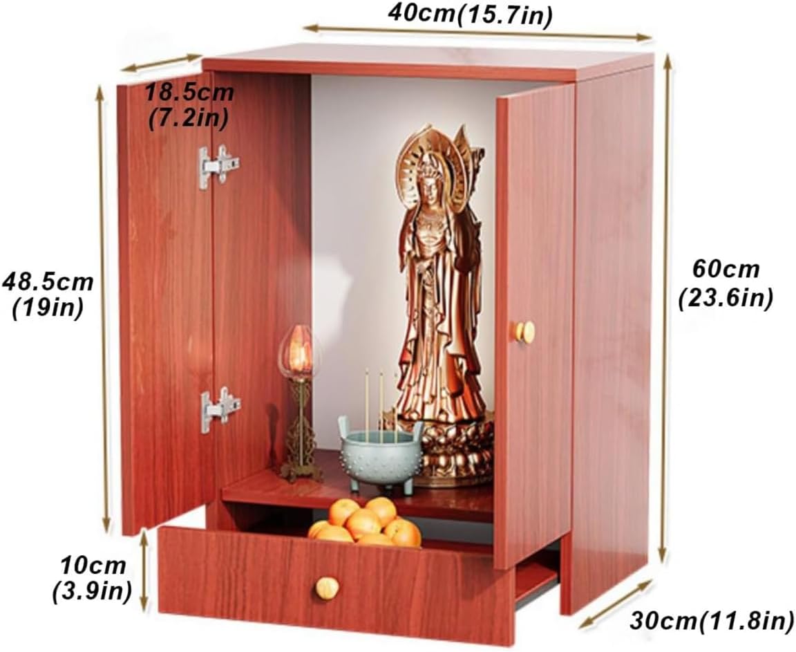 Wooden Home Buddha Altar Cabinet- Prayer Meditation Table with Drawer and Double Doors -Small Personal Shrine-Suitable for Enshrining Statues Praying and Worshiping Buddha