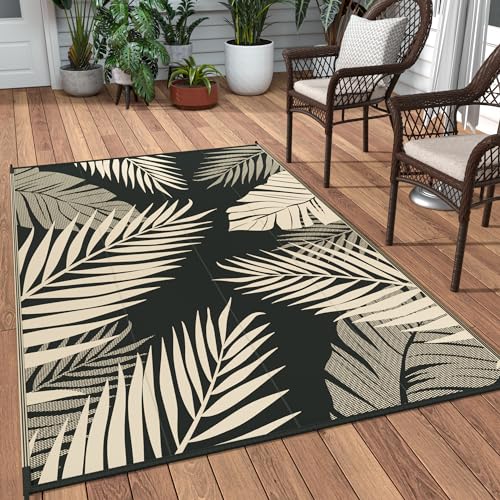 GENIMO Outdoor Rug 3'x5' Waterproof for Porch, Plastic Door Mat Black Beige | Outside Leaf Carpet for Patio Decor, Balcony, Deck, Backyard, Picnic, Camping, RV, Reversible, Foldable, Lightwe