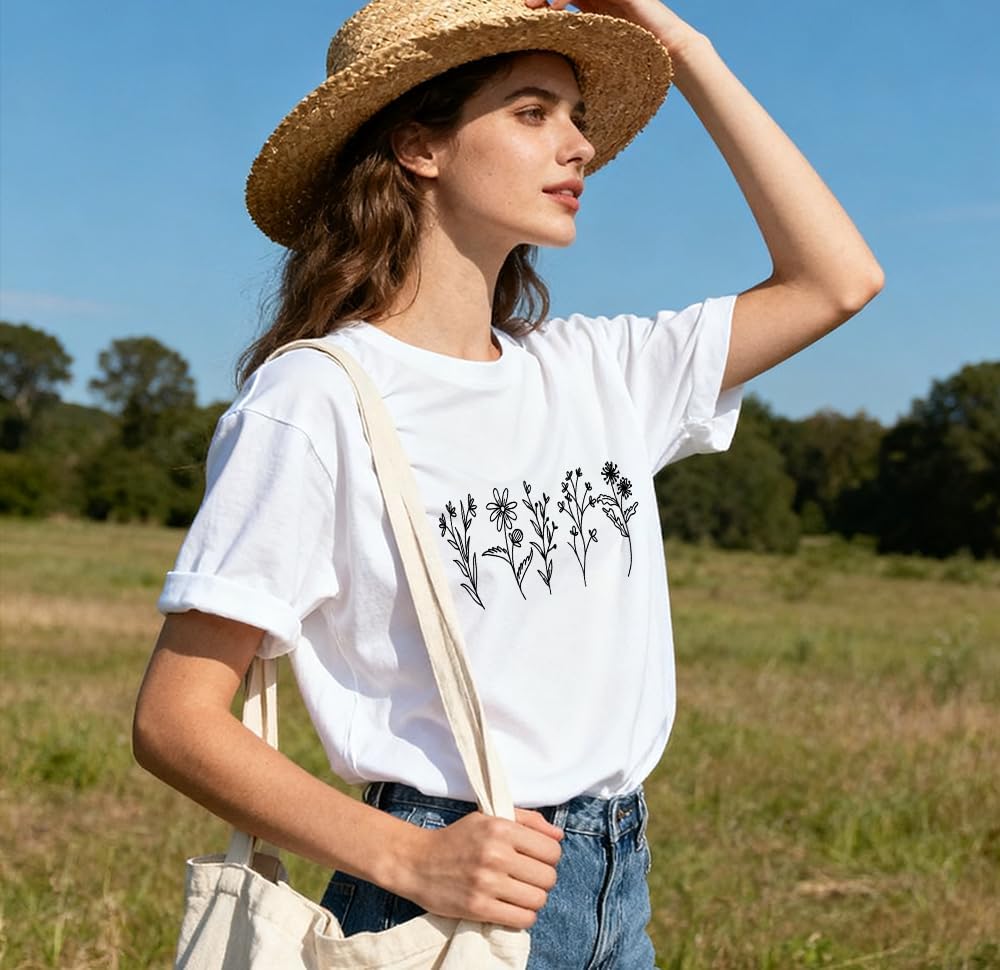 Women's Vintage Floral T Shirt Wildflower Graphic Loose Tees Short Sleeve Casual Tops - Image 3