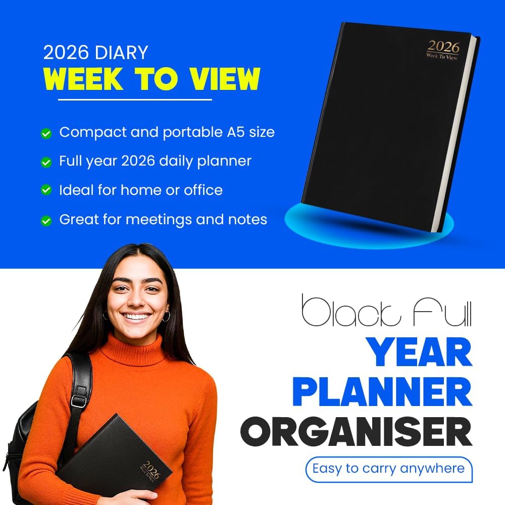 A5 2026 Diary Week to View Black Casebound Cover Yearly Diaries WTV Organiser with Ribbon Marker for Business, Office, Home, Appointments